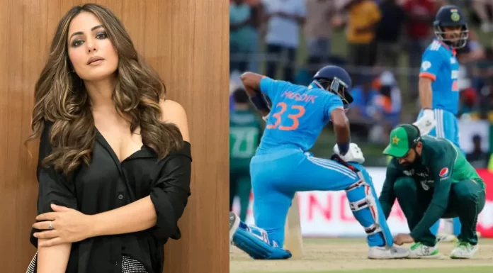 When Shadab Khan ties Hardik Pandya’s shoelace during an Asia Cup game, Indian actress Hina Khan reacts.